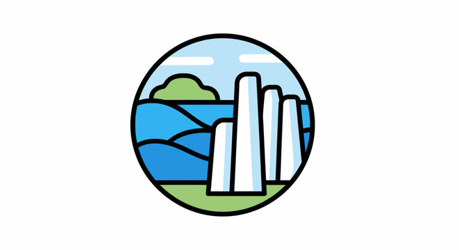 Illustrated industrial smokestacks with nature backdrop design.