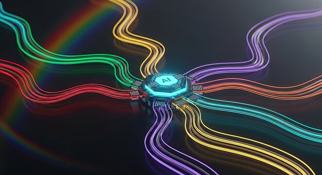 Vibrant multicolored neon light trails emanating from a central glowing orb on a dark background with rainbow effects