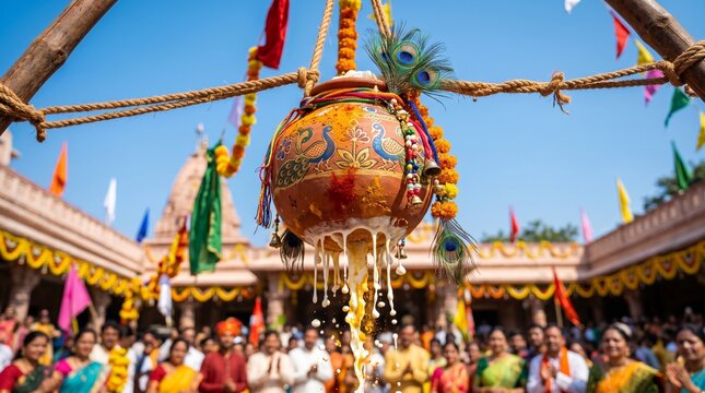 Ornate Terracotta Dahi Handi Decorated with Colorful Threads and Peacock Feathers Suspended Against a Bright Blue Sky for Krishna Janmashtami