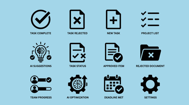 Black business task management and project workflow icons.