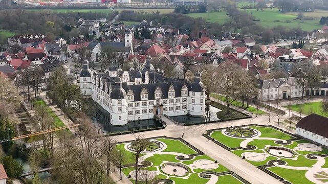 Elevated drone view of Schloss Neuhaus facade, corner towers, slate roof, moat, bridge, and historic grounds in Paderborn, Germany.