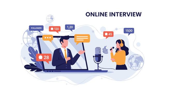 Online interview and digital journalism concept features a woman interviewing a man on a laptop screen with various social media icons.