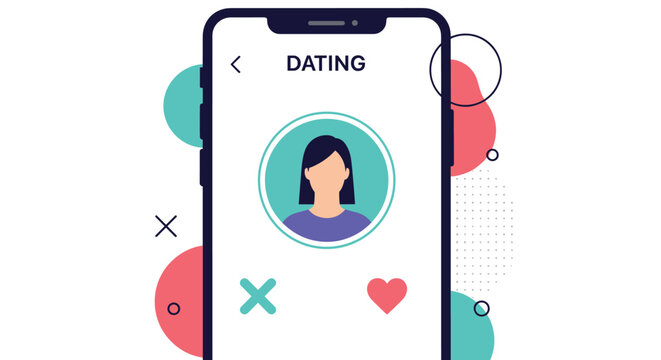 Online dating app interface on smartphone screen displays female user profile with heart and cross button icons.