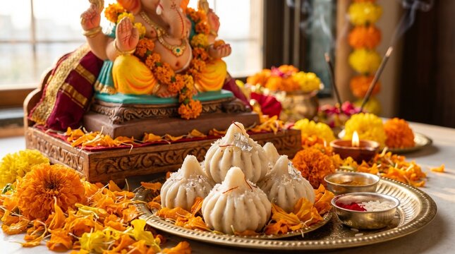Macro shot of traditional modak sweets with orange marigold petals at the base of a clay Lord Ganesha idol for Ganesh Chaturthi celebration