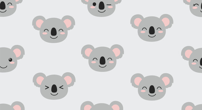 Cute koala bear seamless pattern features various grey animal heads with different facial expressions and winks.