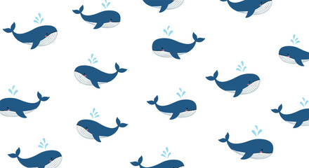 Naklejka premium Cute blue whale seamless pattern features multiple marine animals spouting water on plain white background.