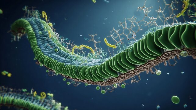 Microscopic View of Green Thylakoid Stacks and Floating Molecules