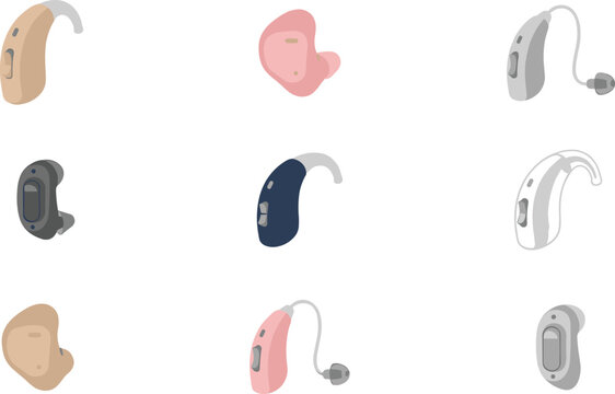 Hearing Aid and Ear Device Collection Set with Behind the Ear In the Ear Receiver in Canal and Mini BTE Designs in Multiple Colors for Hearing Loss Audiology and Medical Healthcare Use