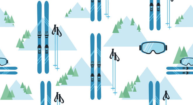 Winter sports and skiing seamless pattern features skis with poles and goggles against snowy mountains.