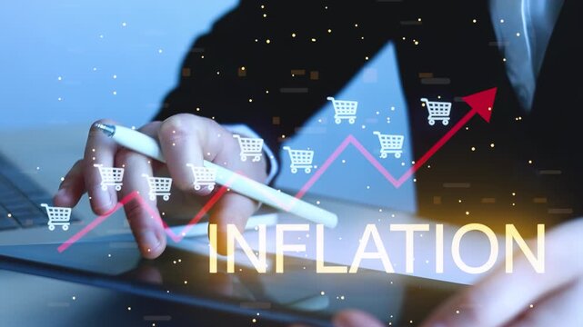 Data analysis shows inflation trends and market impact with growth charts and shopping carts in business setting.