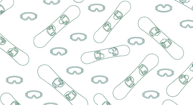 Minimalist outline pattern of snowboards and protective winter goggles repeated on a clean white background for seasonal sports enthusiasts.