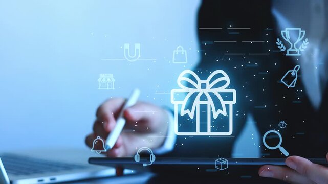 Creative planning for a gift presentation with digital tools and symbols at a modern office setting.