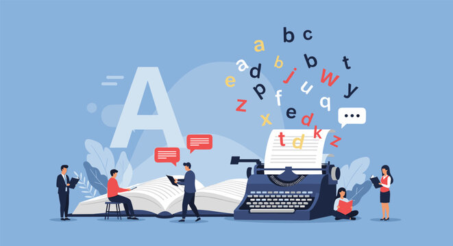 Group of people collaborating on a creative writing project using a vintage typewriter and a large open book with floating alphabet letters.