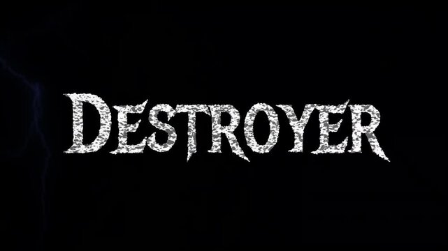 The word destroyer made of disintegrating white particles on black background with lightning