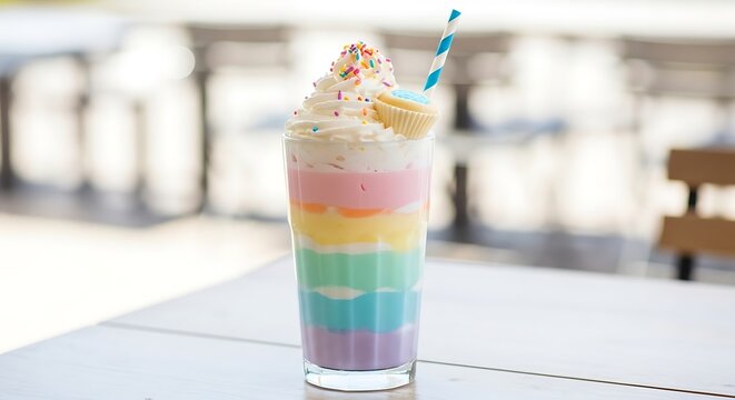 Colorful layered drink with straw and umbrella in glass.
