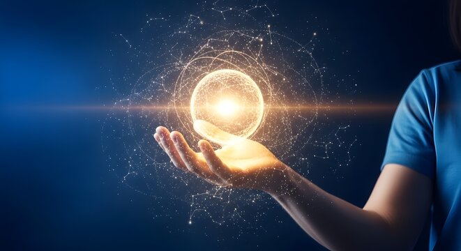A person cradles a glowing orb of light and energy representing innovation technology and the future of possibilities