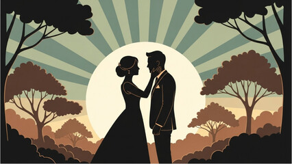A romantic couple in 2D CAD Vector illustration stands together outdoors © Stock Image Paradise
