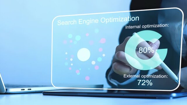 Business person analyzes search engine optimization metrics and strategies with digital tools during office work hours.