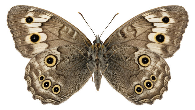 Wood nymph butterfly displays its intricate brown patterned wings with distinctive eyespots against a solid white background.