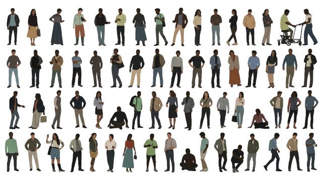 Large group of people in various poses and outfits in 2D CAD Vector illustration