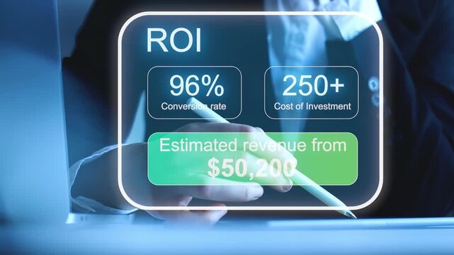 Business person calculates return on investment with data on conversion rate and cost of investment at office desk.