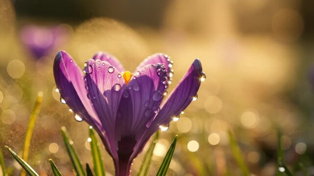 Ultra realistic macro footage of a blooming purple crocus flower with tiny water droplets gliding across soft petals illuminated by warm sunlight gentle wind causing graceful floral movement detailed 