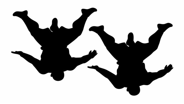 Skydivers in freefall tandem jumpers in black silhouette against white background extreme sport adventure