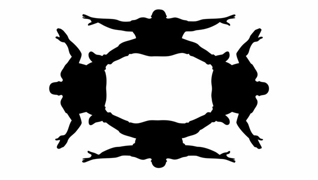 Four skydivers form a circle with outstretched arms and legs in a vector silhouette illustration