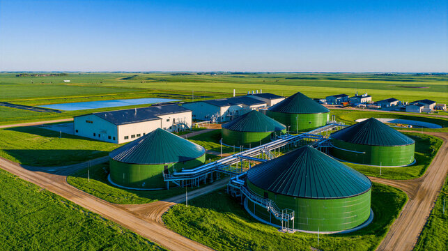 Biogas plant aerial view showing green digester tank in rural landscape