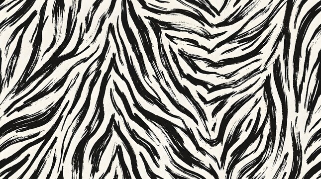 Horizontal seamless background with hand drawn zebra stripes and dry brush painted black white animal skin texture