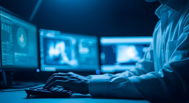 Immersive gaming setup a gamer relaxing in front of multiple screens with blue lighting