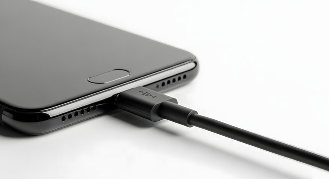 Black smartphone connected to usb type c cable charging on white surface.