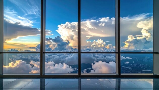 Dramatic Cloudscape Viewed Through Modern Glass Windows Above City Skyline