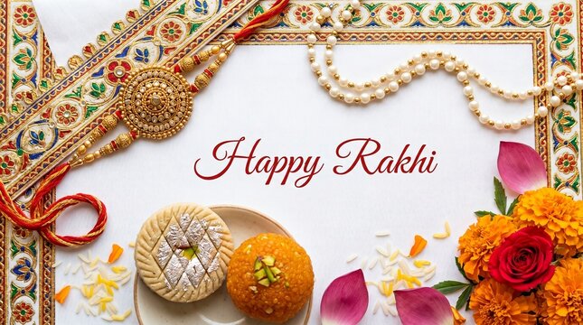 Happy Rakhi festival vector background with traditional raksha bandhan elements, ornate gold rakhi, sweets, sandesh, laddu, and marigold flowers decorative border
