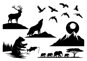 Fototapeta premium Black Silhouette Wildlife Animals Deer Wolf Bear Birds Elephants Tree Mountains Sunset