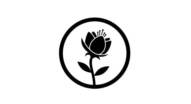 Minimalist black and white illustration of a single rose flower in a circular frame, elegant and timeless