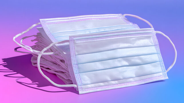 Face mask medical mask surgical mask disposable mask hygiene protection healthcare pandemic arranged neat stack colorful gradient background, soft shadow and clean texture suggesting safety