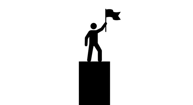Silhouette of a person standing on a pedestal, triumphantly holding a flag against a plain background