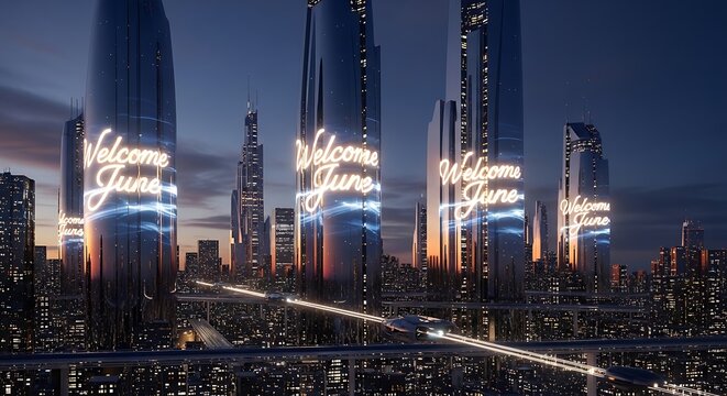 Modern city skyline with industrial chimneys and power lines.