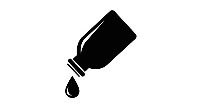 Black silhouette of a bottle with a drop of liquid pouring out, isolated on white background