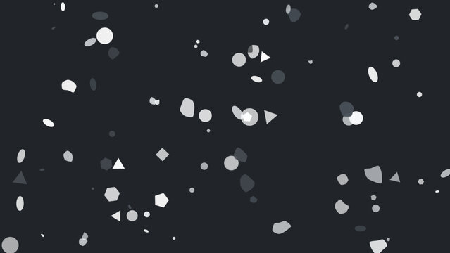 Abstract pattern of scattered white and light gray geometric shapes and irregular blobs creating a dynamic visual.