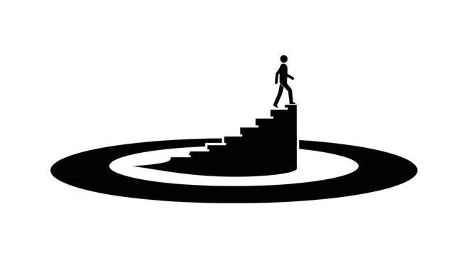 Minimalist black and white illustration of a person climbing stairs in a circular pattern, symbolizing progress and perseverance.