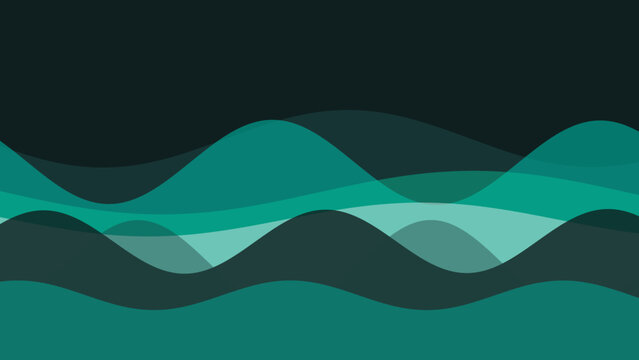 Abstract layered waves in serene shades of teal and green forming a tranquil graphic landscape design.