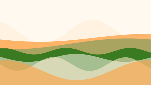 Abstract landscape with flowing green and orange waves creating a serene and modern design.