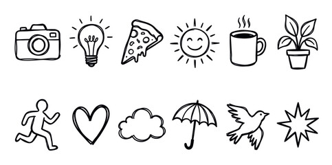 Obraz premium Collection of various hand-drawn black outline doodle icons including a camera, lightbulb, pizza, sun, coffee cup, plant, runner, heart, cloud, umbrella, bird, and star on a white