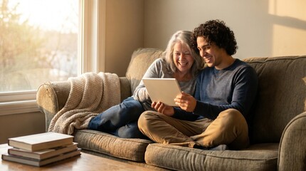 Obraz premium Senior woman and young man laughing and smiling on a couch, viewing a digital tablet. Warm natural light illuminates the cozy living room.