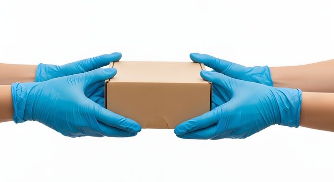 Hand in blue medical glove handing parcel to another person for delivery.