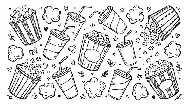 Hand-drawn black and white doodle pattern featuring popcorn buckets and soda cups with straws scattered on a white background