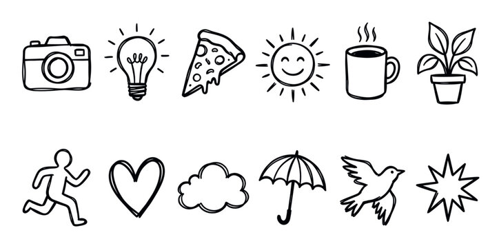 Collection of various hand-drawn black outline doodle icons including a camera, lightbulb, pizza, sun, coffee cup, plant, runner, heart, cloud, umbrella, bird, and star on a white