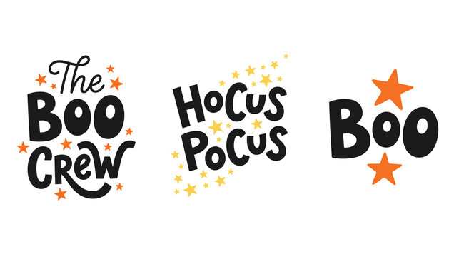 Halloween typography phrases the boo crew hocus pocus boo.